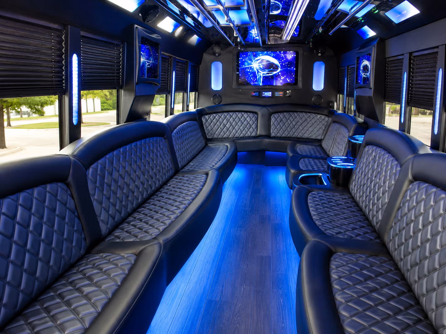 Interior of a party bus rental serving Syracuse